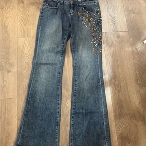 BCBGMaxAzria Blue Flare Jeans with Embellishments